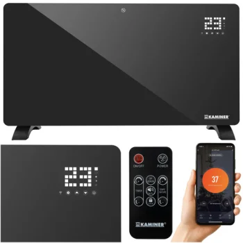 Elektriskais stikla sildītājs Kaminer Zelva 2500 W ar WiFi un pulti, melns