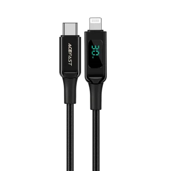 Acefast C6-01 USB-C uz Lightning kabelis ar LED ekrānu, 1.2m, 30W, melns