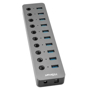 10 portu USB 3.0 centrmezgls ar atsevišķiem slēdžiem un barošanu, tumši pelēks