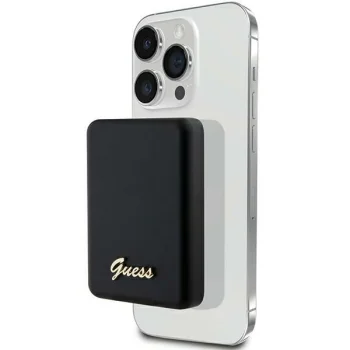 Guess Metal Script Logo MagSafe bezvadu ārējais akumulators, 3000 mAh, 5W, melns