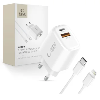 Tech-Protect NCA45W-GAN 2-portu 45W sienas lādētājs – balts