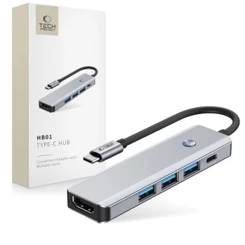 Tech-Protect HB01 5in1 USB-C centrmezgls, HDMI 4K 60Hz, PD 100W, USB 3.0, pelēks