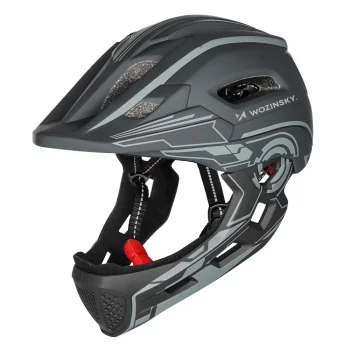 Wozinsky HT-27S Bērnu velo ķivere ar zoda sargu un USB gaismu S pelēka
