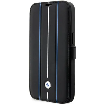 BMW Leather Stamp Blue Lines atveramais maciņš iPhone 14 Pro, melns