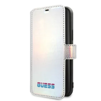 Guess iPhone 11 Pro Max atverams vāciņš maciņš grāmatiņa Iridescent, sudraba