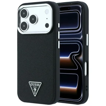 Guess Grained Triangle Logo MagSafe vāciņš iPhone 17 Pro Max / 18 Pro Max, melns