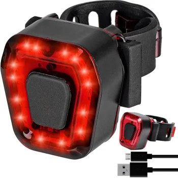 Aizmugurējais velolukturis 14 LED, USB lādējams, sarkana gaisma, melns