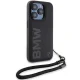 BMW Signature Leather Wordmark Cord vāciņš priekš iPhone 15 Pro, melns