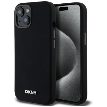 DKNY iPhone 14 / 15 / 13 vāciņš Liquid Silicone Small Metal Logo MagSafe, melns