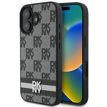 DKNY iPhone 16 vāciņš Checkered Pattern & Printed Stripes, melns