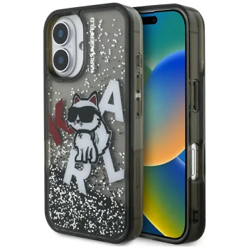 Karl Lagerfeld Liquid Glitter Choupette Logo iPhone 16 vāciņš, melns