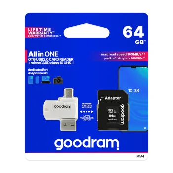 GoodRam 64GB microSDHC atmiņas karte Class 10 UHS-I ar adapteri un lasītāju, melna