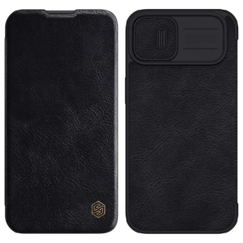 Atverams vāciņš iPhone 14 Plus Nillkin Qin Leather Pro ar kameras vāciņu, melns