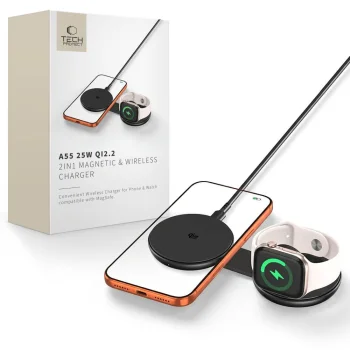 Tech-Protect A55 2in1 MagSafe Qi2.2 bezvadu lādētājs 25W, melns