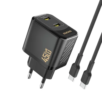 Dudao A28PCEU PD 45W GaN tīkla lādētājs ar 2x USB-C un USB-C kabeli, melns