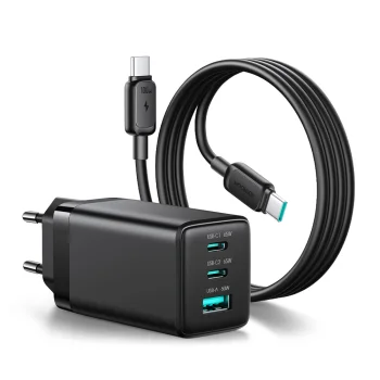 Sienas lādētājs Joyroom JR-TG10 65W GaN, 2x USB-C, USB-A un 1.2 m USB-C kabelis, melns