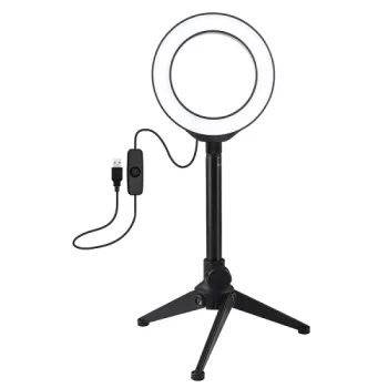 LED riņķa lampa 12 cm ar galda statīvu līdz 21.8 cm, USB