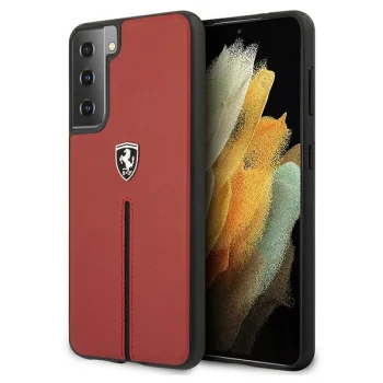 Ferrari Samsung Galaxy S21 vāciņš Off Track Leather Nylon Stripe, sarkans