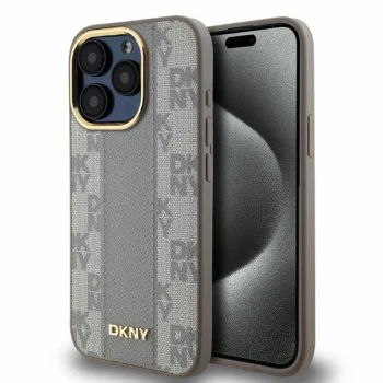 DKNY iPhone 15 Pro Max vāciņš Leather Checkered Mono Pattern MagSafe, bēšs