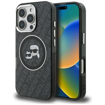 Karl Lagerfeld IML Glitter Karl & Choupette MagSafe vāciņš iPhone 16 Pro Max, Melns