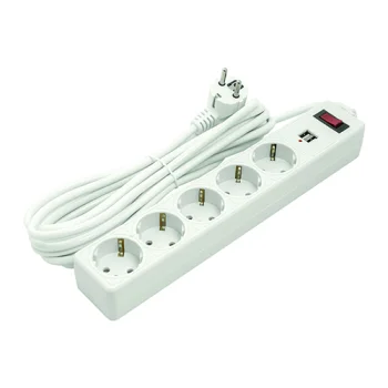 Pagarinātājs 5m ar 5 ligzdām, 2x USB un slēdzi, balts