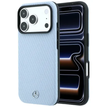 Mercedes Leather Semi Wrap Wood Effect MagSafe vāciņš iPhone 17/18 Pro Max, zils