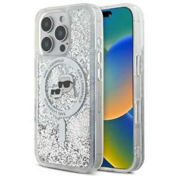 Karl Lagerfeld iPhone 16 Pro vāciņš Liquid Glitter Karl & Choupette Head MagSafe, caurspīdīgs