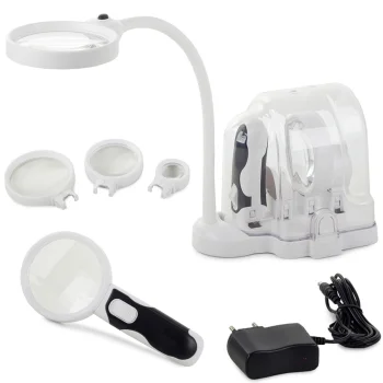 Galda un rokas lupa 2-in-1 ar LED apgaismojumu un maināmām lēcām (2.5x, 5x, 16x)