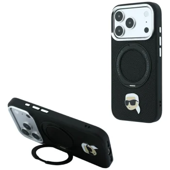 Karl Lagerfeld Ring Stand 360 Karl Head Pin MagSafe vāciņš iPhone 18 Pro / 17 Pro, melns