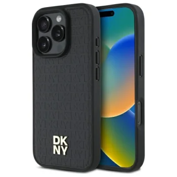 DKNY Repeat Pattern Stack Logo MagSafe vāciņš priekš iPhone 16 Pro, melns