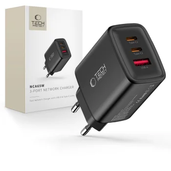 Tech-Protect NCA65W-GAN GaN 65W 3-portu tīkla lādētājs, Melns
