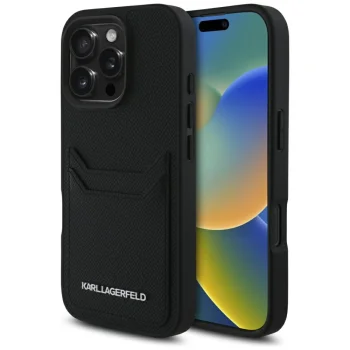 Karl Lagerfeld Grained PU Cardslot vāciņš Apple iPhone 16 Pro - Melns