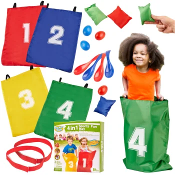Sporta spēļu komplekts bērniem 4in1 (maisi, olas, karotes, lentas)