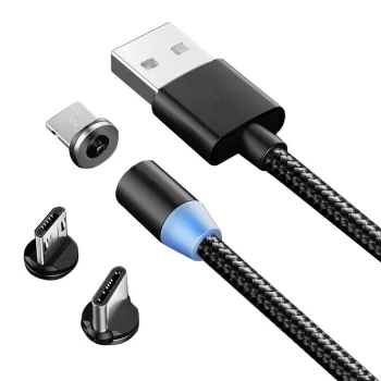 Magnētiskais uzlādes kabelis 3-in-1 Micro USB / Type-C / Lightning, 1m, melns