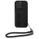 BMW Signature Leather Wordmark Cord vāciņš iPhone 16 Pro ar rokas siksniņu, melns