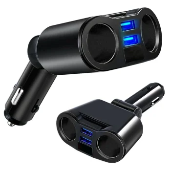 Automašīnas piepīpētāja sadalītājs ar 2 USB pieslēgvietām, melns