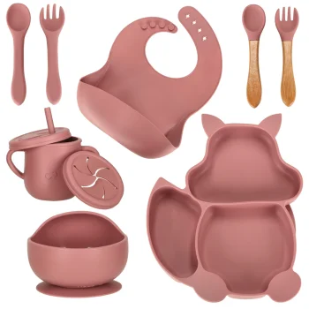 Silikona bērnu trauku komplekts 9 elementi, tumši rozā | Set of silicone children's dishes 9 elements