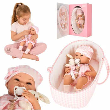 Lelle zīdainis ar pārnēsājamo somu un zaķa mantiņu, 38 cm, rozā