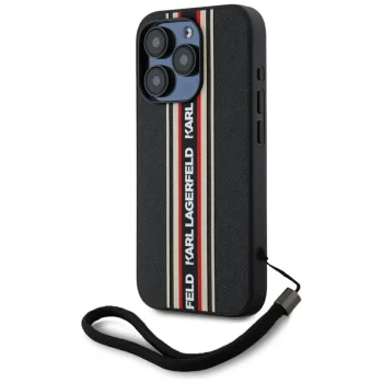 Karl Lagerfeld Saffiano Athleisure Stripes Cord iPhone 15 Pro Max vāciņš ar aukliņu, sarkans
