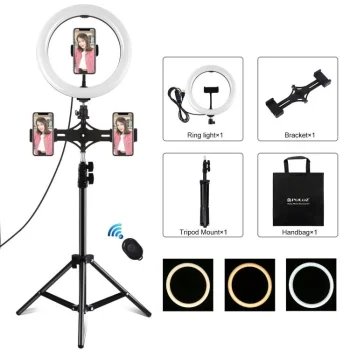 Puluz PKT3070B 26cm LED riņķa lampa ar 1.1m statīvu un tālruņa turētāju