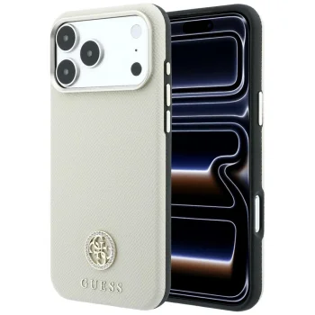 Guess Grained Round Strass Logo MagSafe vāciņš priekš iPhone 18 Pro Max / 17 Pro Max, bēšs