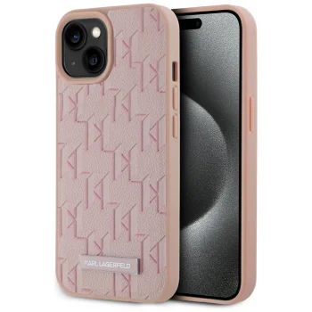 Karl Lagerfeld Leather Monogram Metal Logo MagSafe vāciņš iPhone 15, Rozā