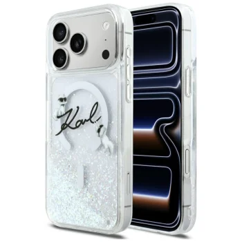 Karl Lagerfeld Liquid Glitter Karl Script Logo MagSafe vāciņš iPhone 17 Pro Max, caurspīdīgs