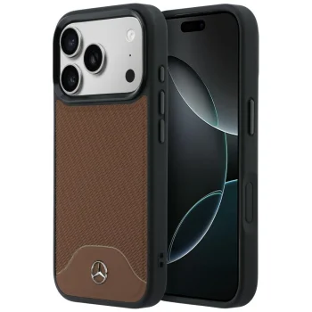 Mercedes Leather Wood Effect Curve MagSafe vāciņš iPhone 17 Pro, brūns
