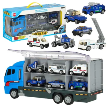 Kravas automašīna-transporteris ar palaidēju un 6 policijas auto