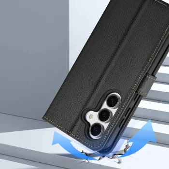 Dux Ducis Lawa ādas vāciņš Samsung Galaxy S25 ar noņemamu magnētisku maciņu, melns