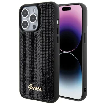 Guess vāciņš iPhone 15 Pro Max 6.7" Sequin Script Metal GUHCP15XPSFDGSK, melns