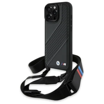 BMW M Edition Carbon Stripe & Strap vāciņš iPhone 16 Pro Max, melns
