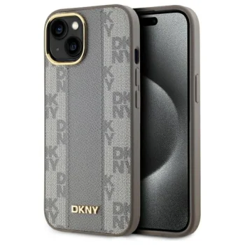 DKNY iPhone 15 Plus vāciņš Leather Checkered Mono Pattern MagSafe, bēšs