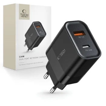 Tech-Protect C30W tīkla lādētājs USB-C PD 30W / USB-A QC 3.0, melns